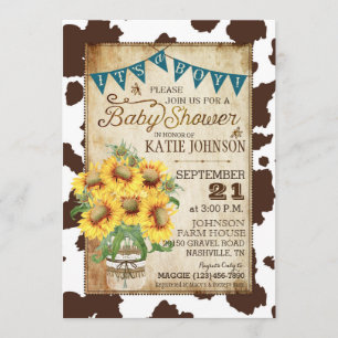 Country Sunflowers and Cow Print Baby Shower Invitation
