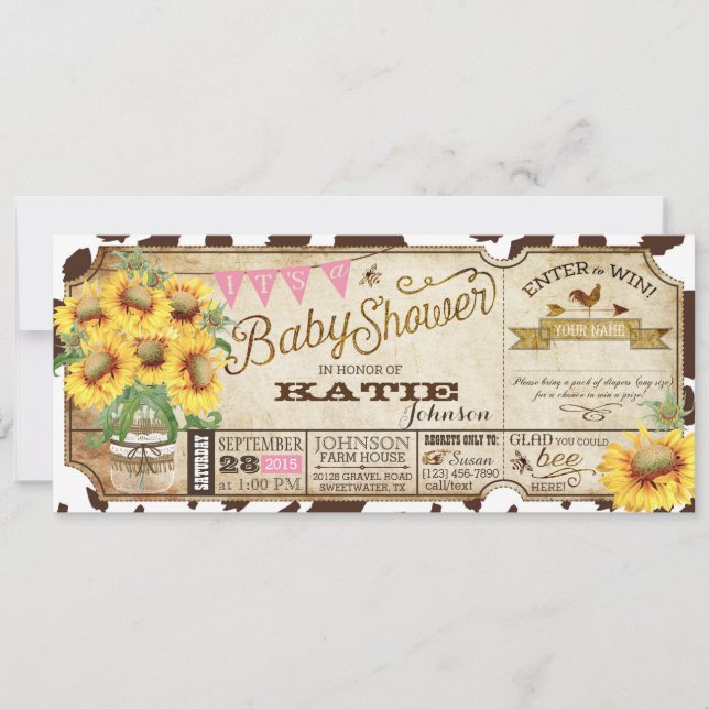 Country Sunflowers and Cow Print Baby Shower Invitation (Front)