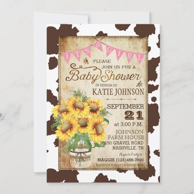 Country Sunflowers and Cow Print Baby Shower Invitation (Front)