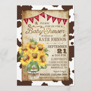 Country Sunflowers and Cow Print Baby Shower Invitation