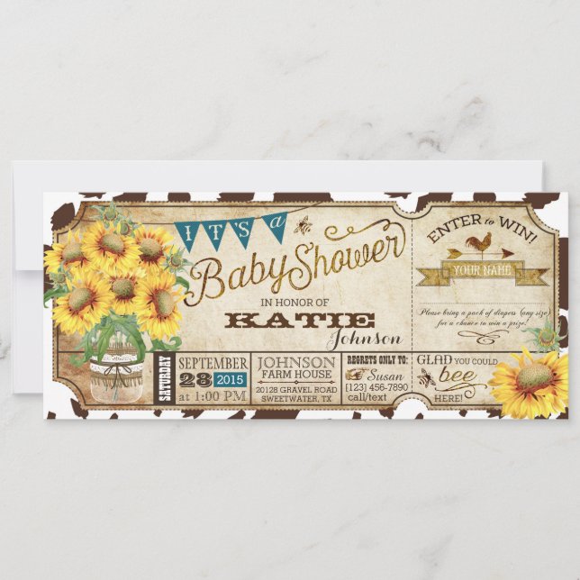 Country Sunflowers and Cow Print Baby Shower Invitation (Front)