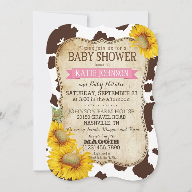 Country Sunflowers and Cow Print Baby Shower Invitation (Front)
