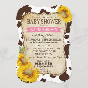 Country Sunflowers and Cow Print Baby Shower Invitation