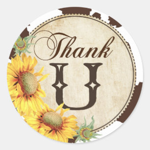 Country Sunflowers and Cow Print Thank You Classic Round Sticker