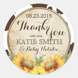 Country Sunflowers and Cow Print Thank You Classic Round Sticker