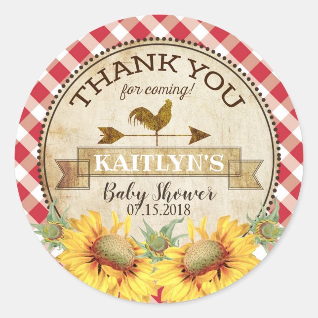 Country Sunflowers and Gingham Check Baby Shower Classic Round Sticker (Front)