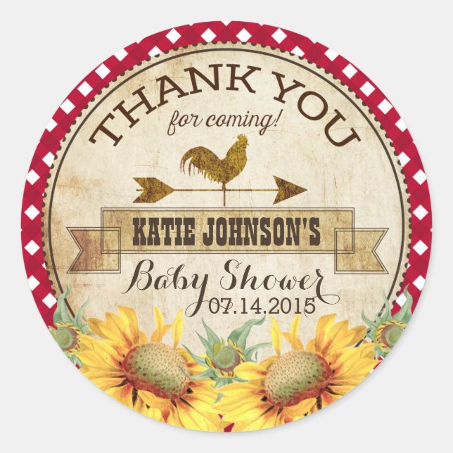Country Sunflowers and Gingham Check Baby Shower Classic Round Sticker (Front)