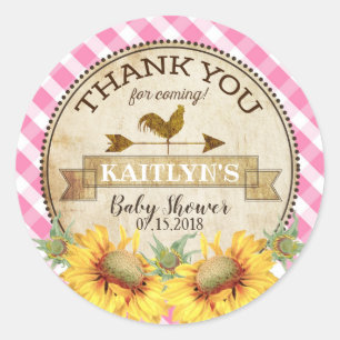 Country Sunflowers and Gingham Check Baby Shower Classic Round Sticker