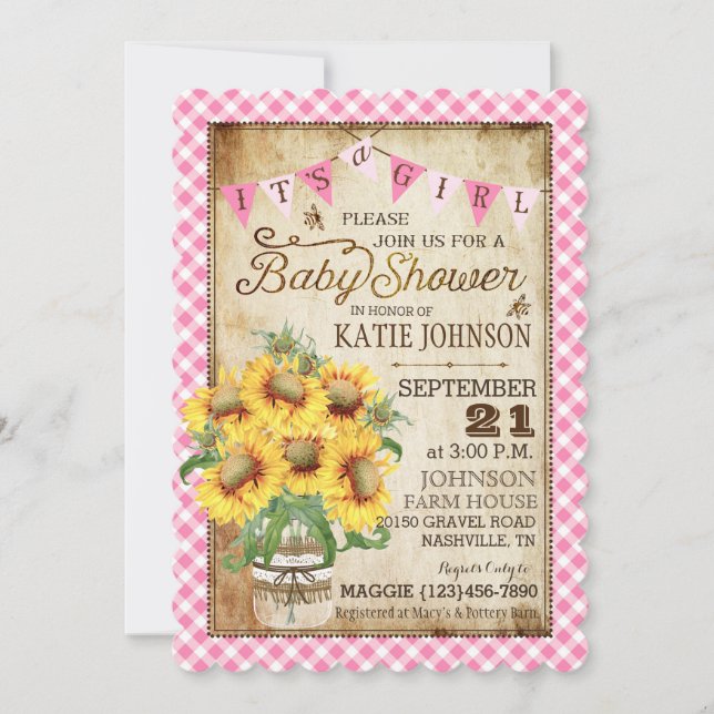 Country Sunflowers and Gingham Check Baby Shower Invitation (Front)