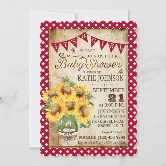 Country Sunflowers and Gingham Check Baby Shower Invitation (Front)