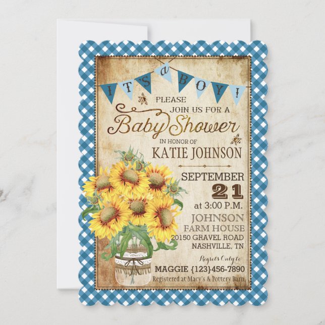 Country Sunflowers and Gingham Check Baby Shower Invitation (Front)