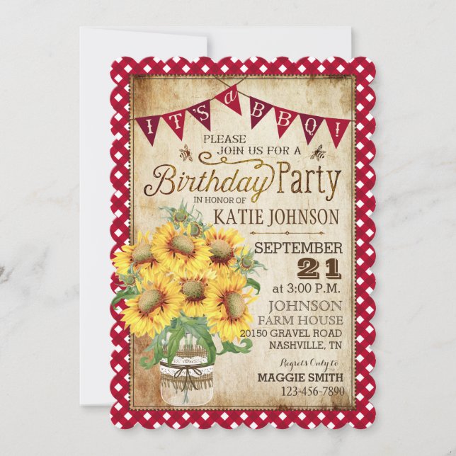 Country Sunflowers and Gingham Check Birthday Invitation (Front)