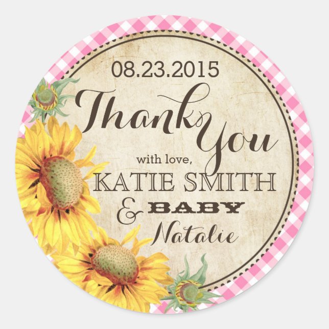 Country Sunflowers and Gingham Check Thank You Classic Round Sticker (Front)