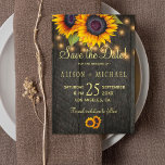 Country sunflowers barn wood save the date wedding<br><div class="desc">Rustic elegant fall wedding stylish save the date template card on dark brown barn wood background featuring yellow gold sunflowers bouquets. Easy to personalize with your details! You can choose to customize it further changing fonts and colors of lettering. The invitation is suitable for elegant summer or autumn fall rustic...</div>