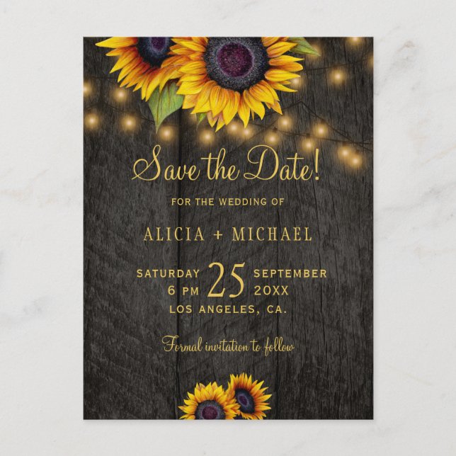 Country sunflowers barn wood wedding save the date announcement postcard (Front)