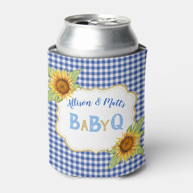 Country Sunflowers Blue Check BBQ BabyQ Can Cooler (Can Front)