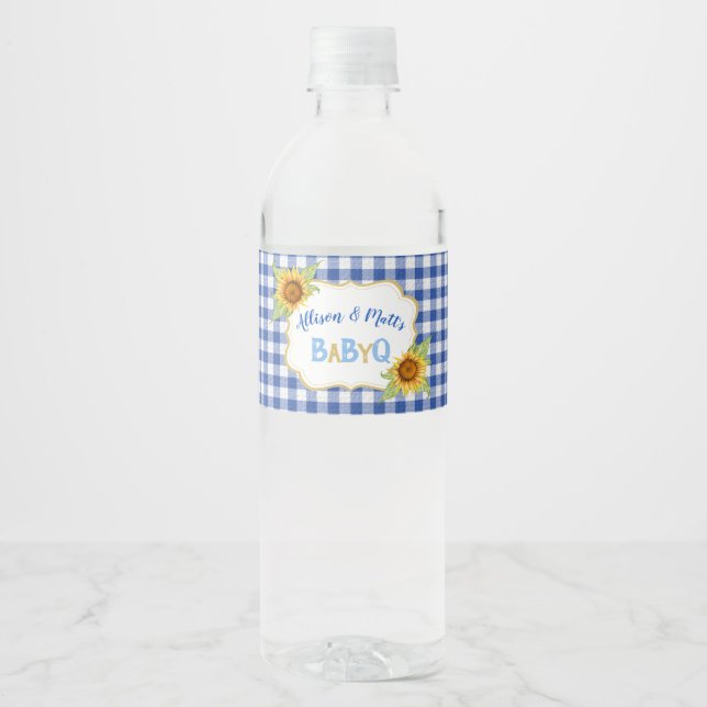 Country Sunflowers Blue Gingham Check BabyQ BBQ Water Bottle Label (Front)