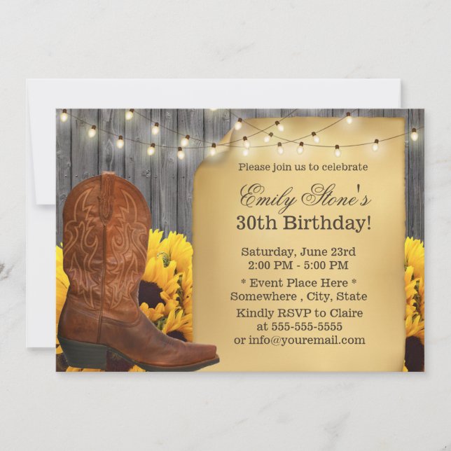 Country Sunflowers Cowgirl Barn Wood Birthday Invitation (Front)