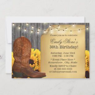 Country Sunflowers Cowgirl Barn Wood Birthday Invitation