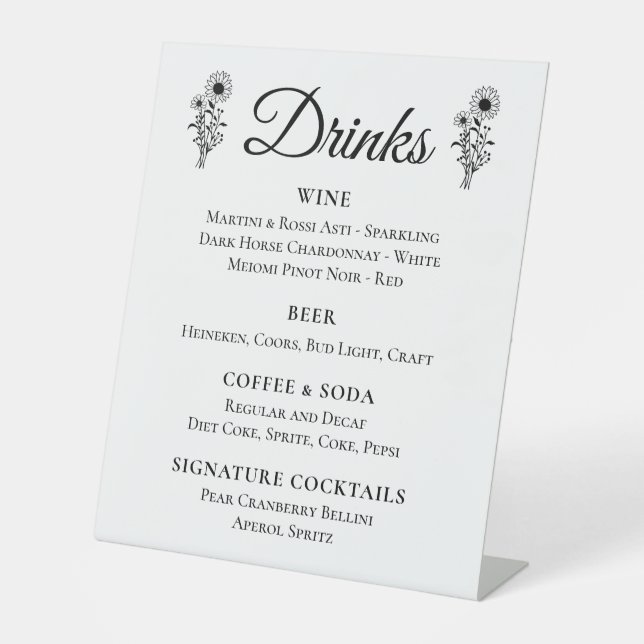 Country Sunflowers Floral Wedding Cocktails Bar Pedestal Sign (Front)