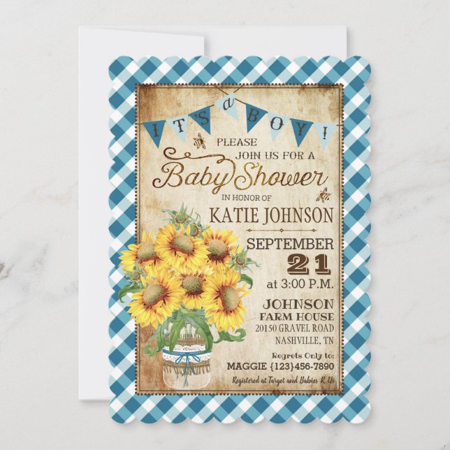 Country Sunflowers Gingham Check Boy Baby Shower Invitation (Front)