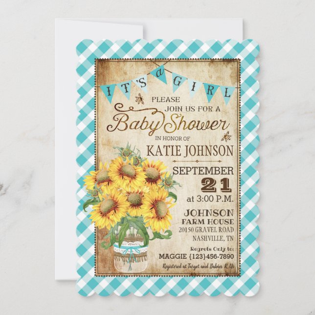 Country Sunflowers Gingham Check Girl Baby Shower Invitation (Front)