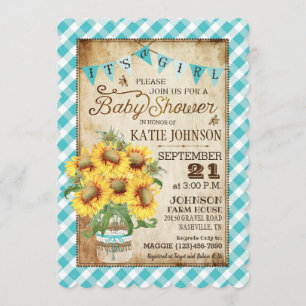 Country Sunflowers Gingham Check Girl Baby Shower Invitation
