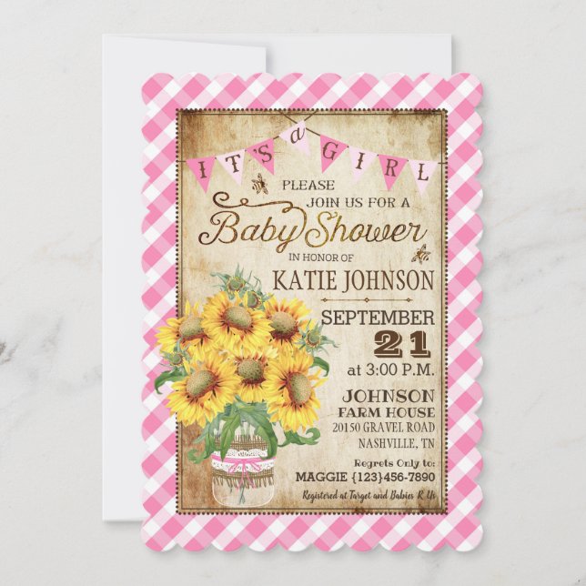 Country Sunflowers Gingham Check Girl Baby Shower Invitation (Front)