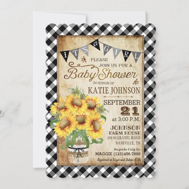 Country Sunflowers Gingham Check Girl Baby Shower Invitation (Front)