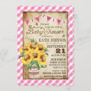 Country Sunflowers Gingham Check Twins Baby Shower Invitation