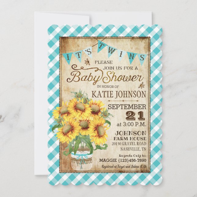 Country Sunflowers Gingham Check Twins Baby Shower Invitation (Front)