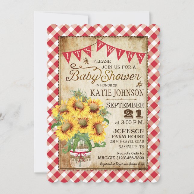 Country Sunflowers Gingham Check Twins Baby Shower Invitation (Front)