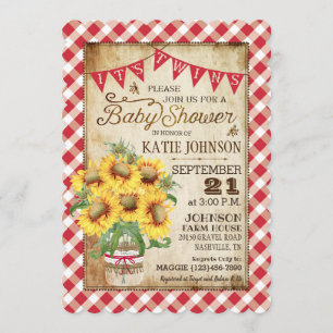 Country Sunflowers Gingham Check Twins Baby Shower Invitation