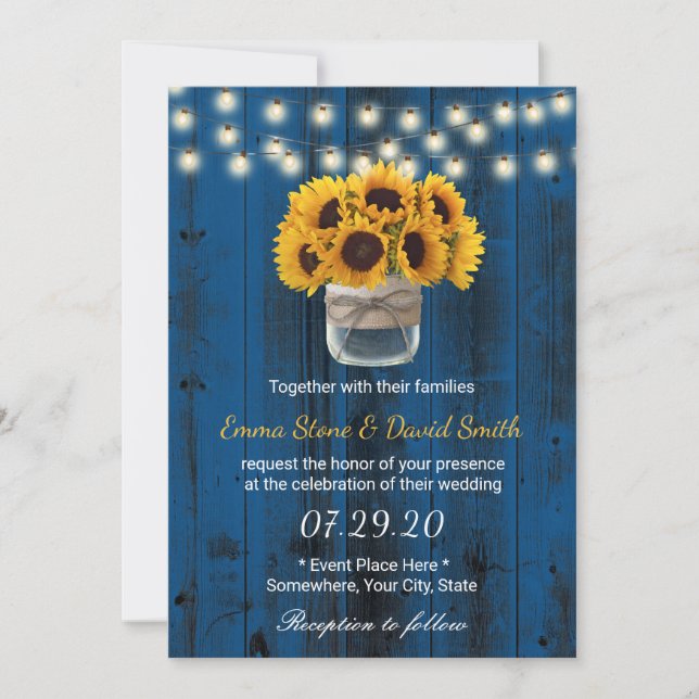 Country Sunflowers Jar Navy Blue Barn Wedding Invitation (Front)