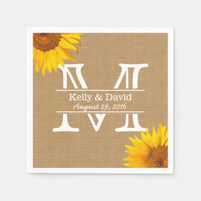 Country Sunflowers Monogram Burlap Rustic Wedding Napkin (Front)