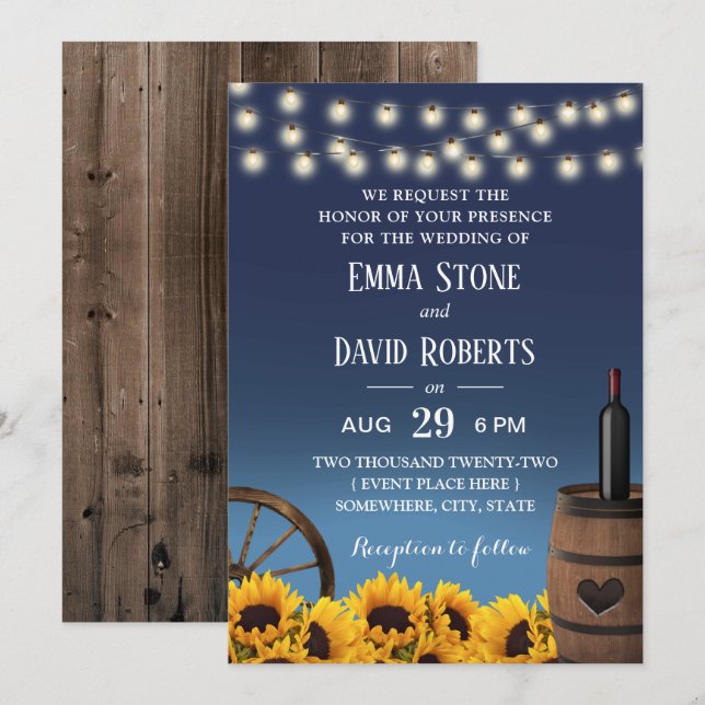 Country Sunflowers Navy Blue Rustic Wedding Invitation (Front/Back)