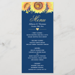 Country Sunflowers Navy Blue Wedding Menu