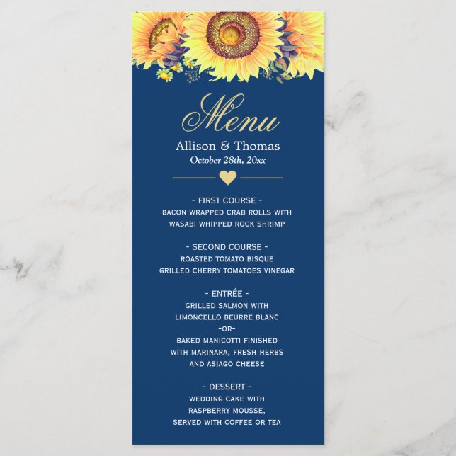 Country Sunflowers Navy Blue Wedding Menu (Front)