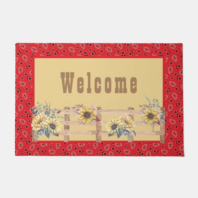 Country Sunflowers on Bandanna Print Doormat (Front)