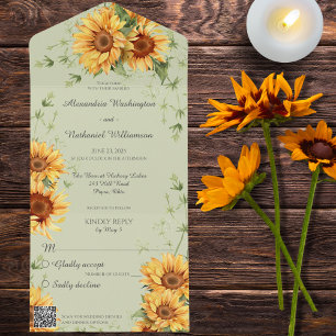 Country Sunflowers on Green with QR Code All In One Invitation