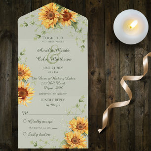 Country Sunflowers on Sage Green All In One Invitation