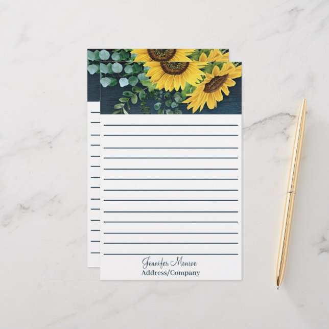 Country sunflowers personalised lined stationery (Front/Back In Situ)