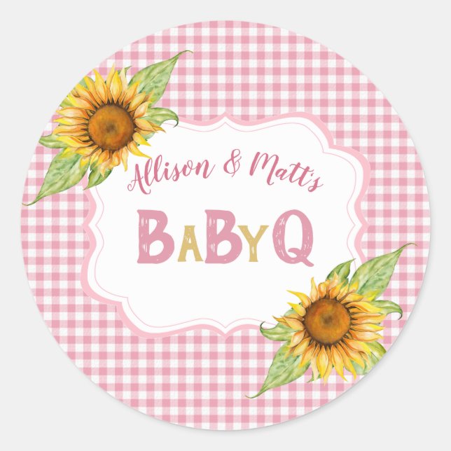 Country Sunflowers Pink Check BBQ Baby Q Classic Round Sticker (Front)