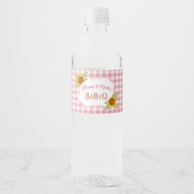Country Sunflowers Pink Gingham Check Baby Q BBQ Water Bottle Label (Front)