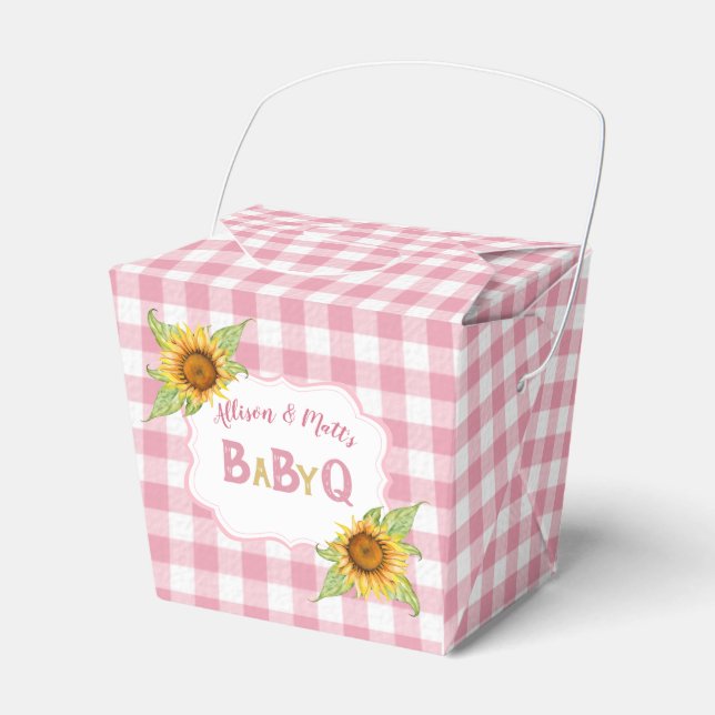 Country Sunflowers Pink Gingham Check BabyQ BBQ Favour Box (Front Side)