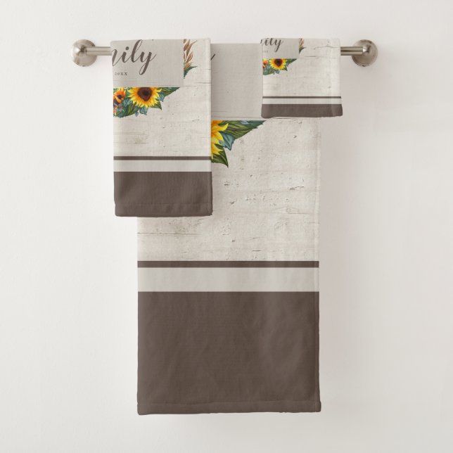 Country Sunflowers Rustic Wood Family Name Bath Towel Set (Insitu)