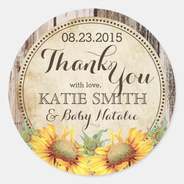 Country Sunflowers Rustic Wood Thank You Label (Front)