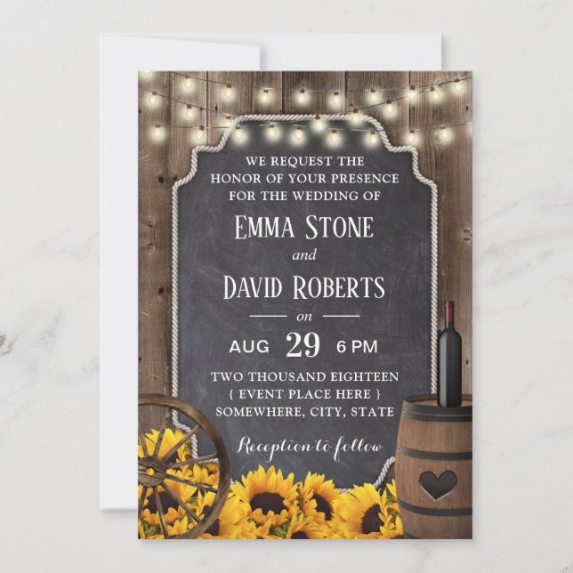Country Sunflowers Rustic Wood Wine Barrel Wedding Invitation (Front)