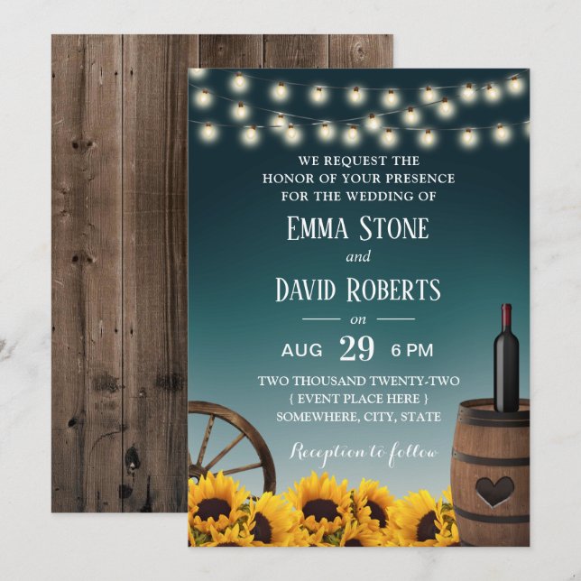 Country Sunflowers Teal Ombre Rustic Wedding Invitation (Front/Back)