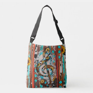 Country Sunflowers Turquoise Stone Wood Clef Note  Crossbody Bag